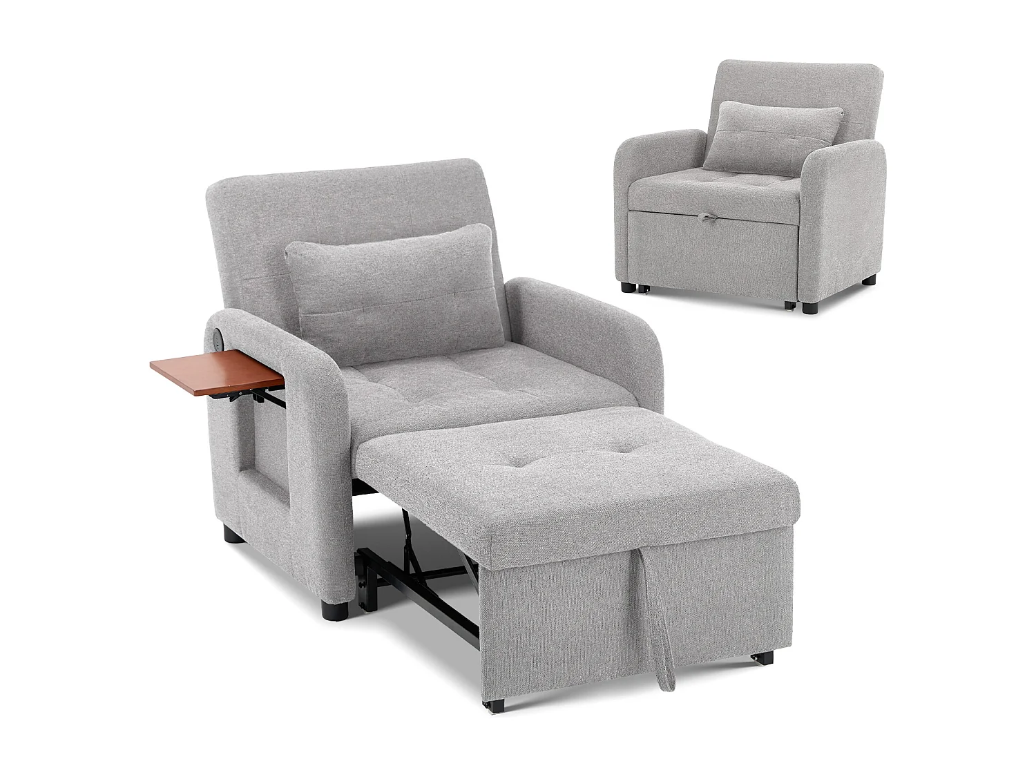 Canapé-lit pliable gris clair – tissu multifonction, convertible assise/allongée, USB, table pliante, coussin, dossier réglable