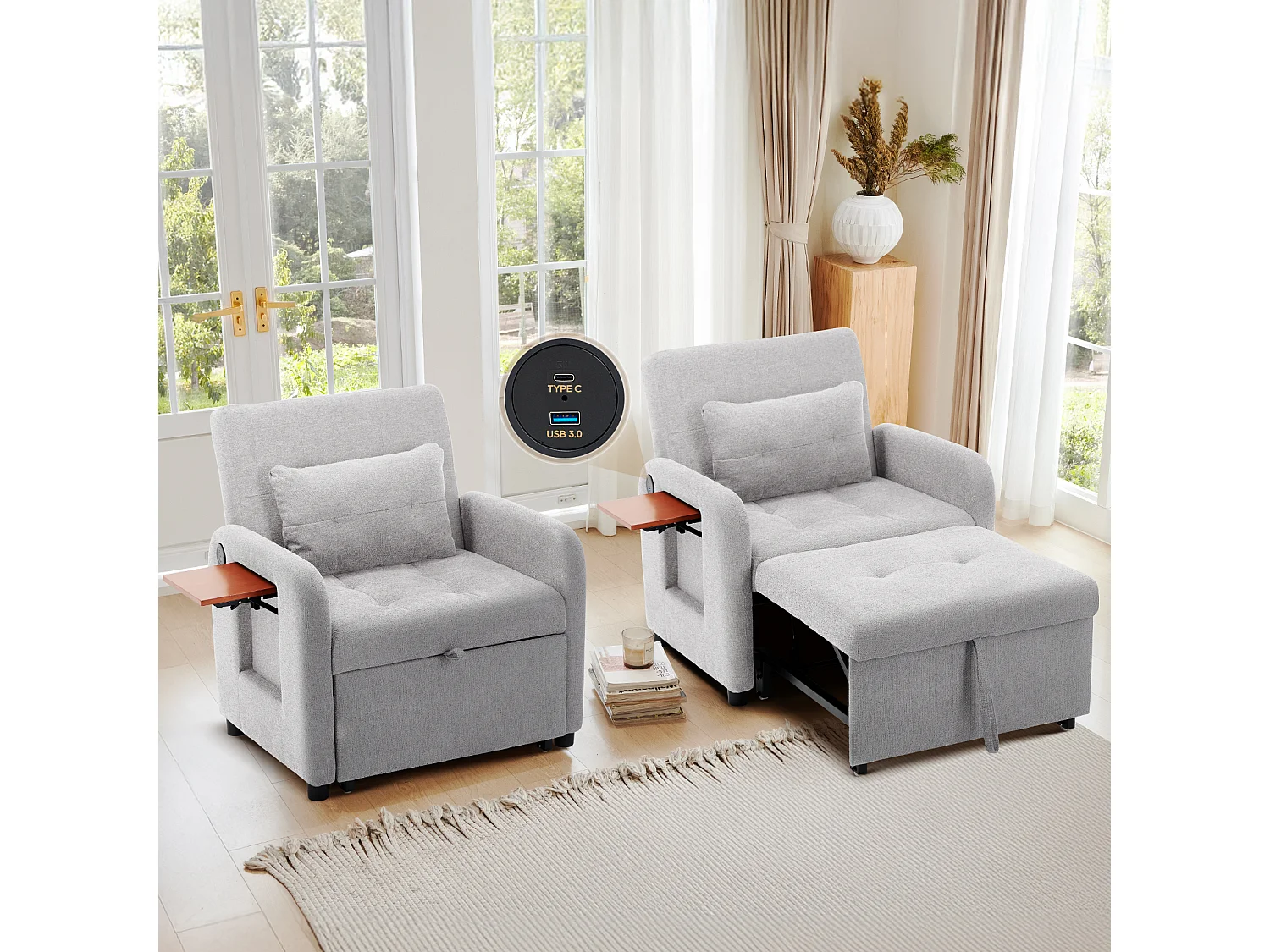 Canapé-lit pliable gris clair – tissu multifonction, convertible assise/allongée, USB, table pliante, coussin, dossier réglable
