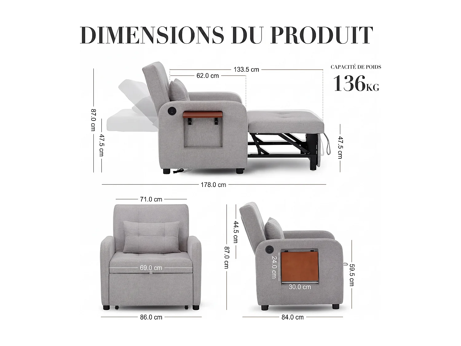 Canapé-lit pliable gris clair – tissu multifonction, convertible assise/allongée, USB, table pliante, coussin, dossier réglable