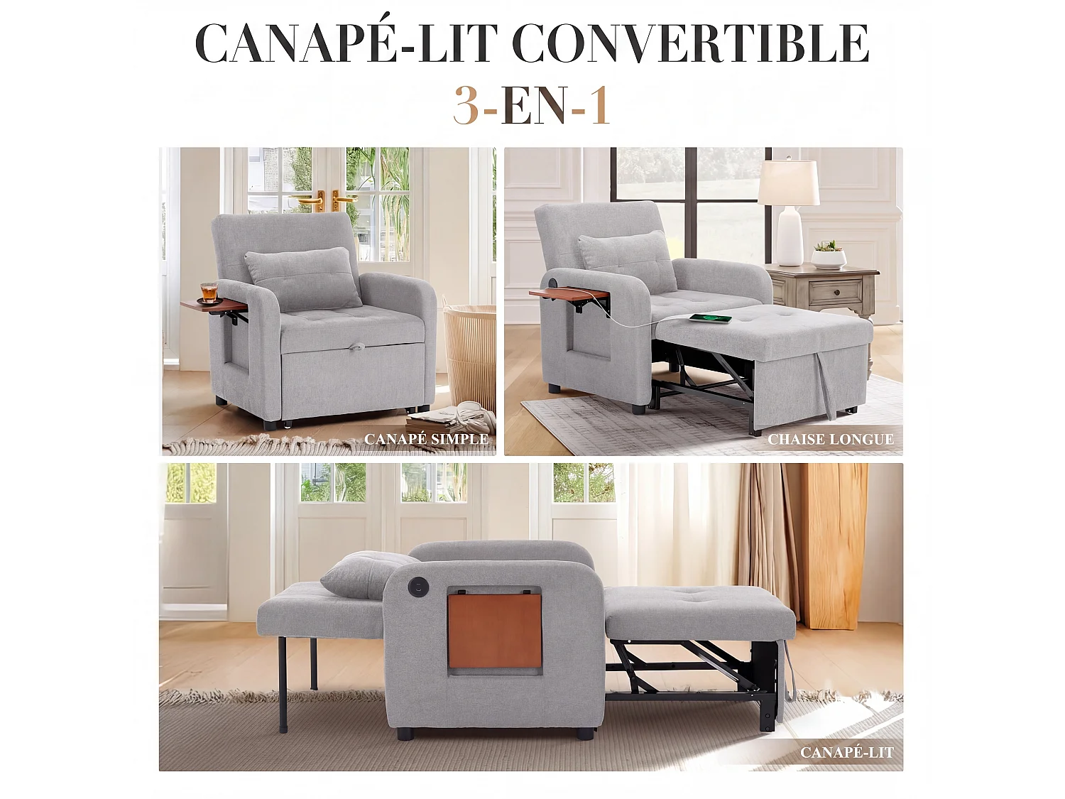 Canapé-lit pliable gris clair – tissu multifonction, convertible assise/allongée, USB, table pliante, coussin, dossier réglable