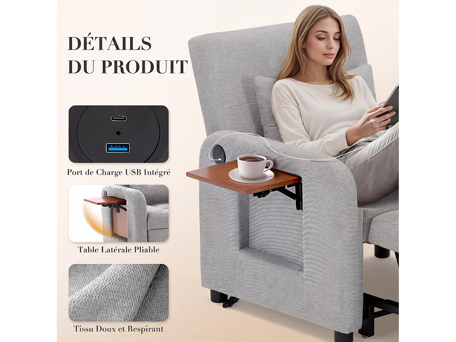 Canapé-lit pliable gris clair – tissu multifonction, convertible assise/allongée, USB, table pliante, coussin, dossier réglable