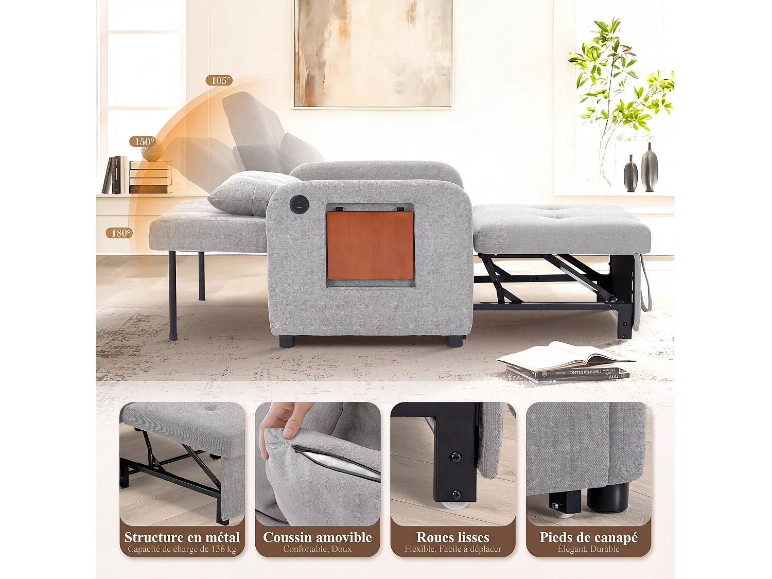 Canapé-lit pliable gris clair – tissu multifonction, convertible assise/allongée, USB, table pliante, coussin, dossier réglable