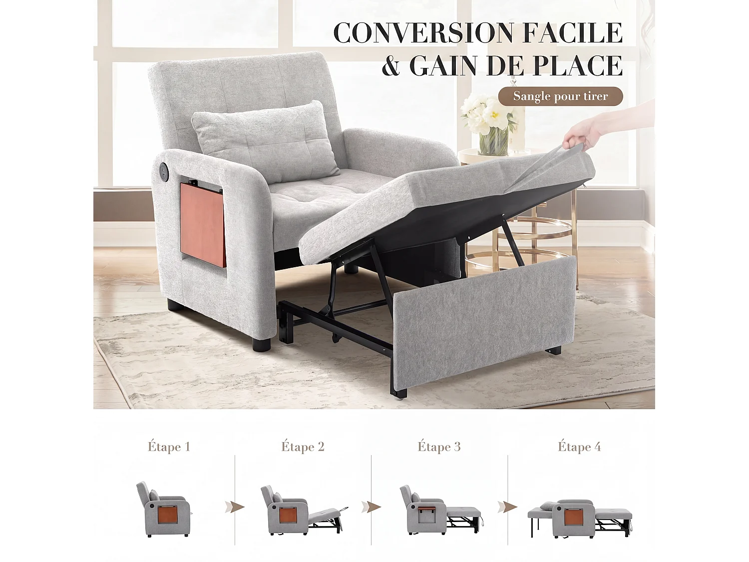Canapé-lit pliable gris clair – tissu multifonction, convertible assise/allongée, USB, table pliante, coussin, dossier réglable