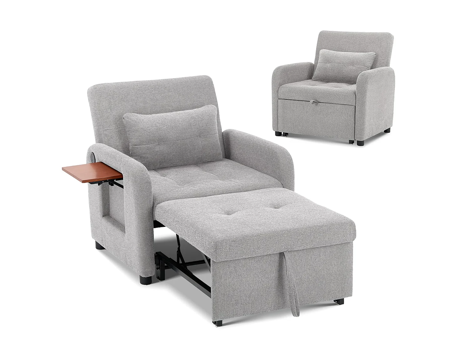Divano letto pieghevole grigio chiaro – tessuto multifunzionale, convertibile da seduta a letto, USB, tavolino pieghevole, cuscino, schienale regolabile