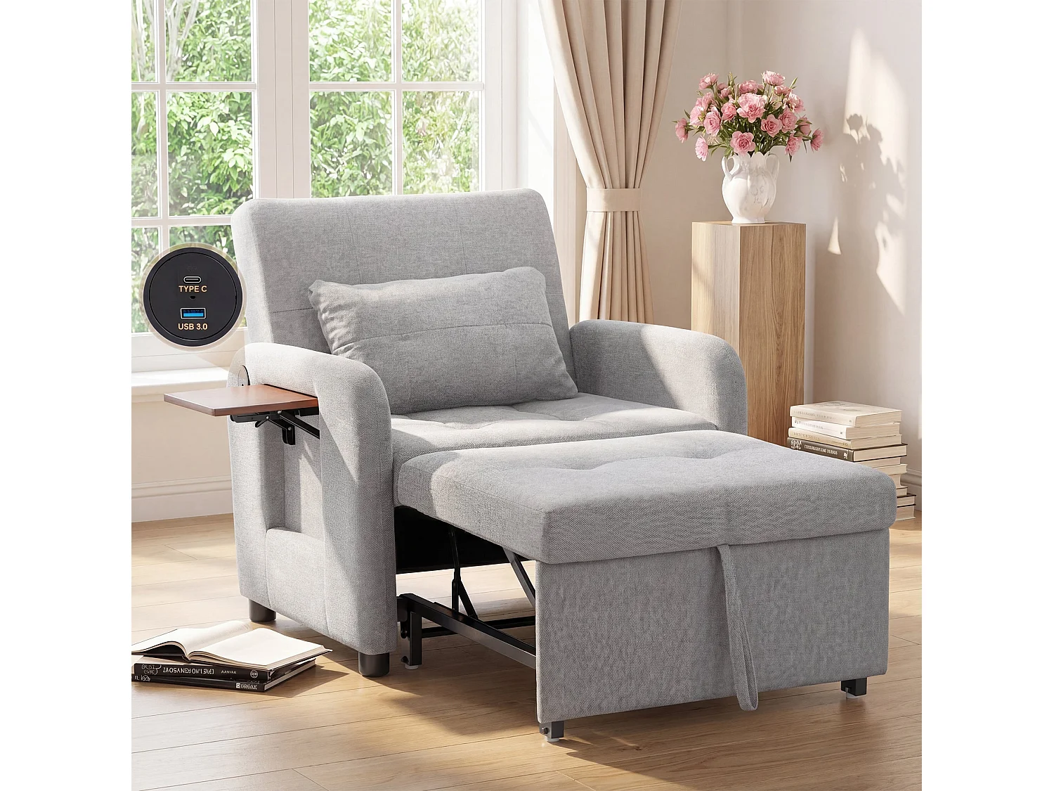 Divano letto pieghevole grigio chiaro – tessuto multifunzionale, convertibile da seduta a letto, USB, tavolino pieghevole, cuscino, schienale regolabile