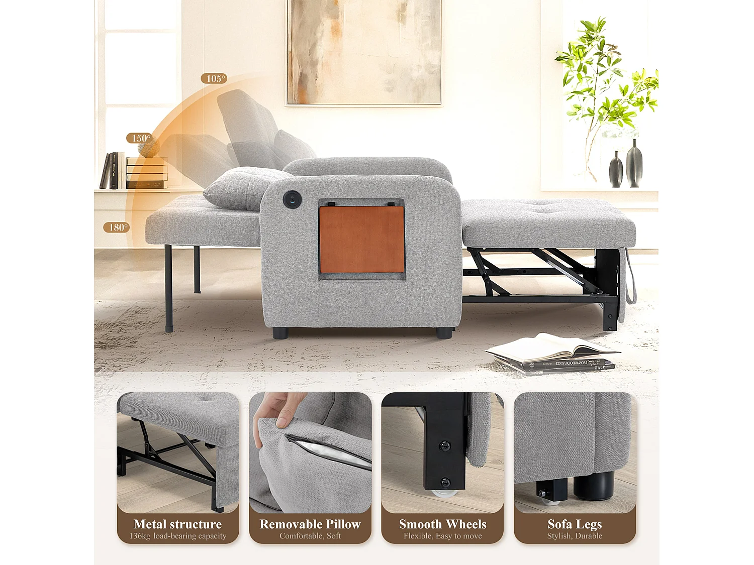 Divano letto pieghevole grigio chiaro – tessuto multifunzionale, convertibile da seduta a letto, USB, tavolino pieghevole, cuscino, schienale regolabile