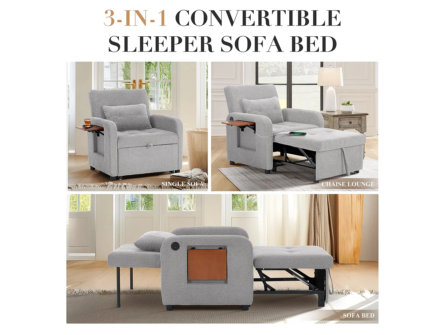 Divano letto pieghevole grigio chiaro – tessuto multifunzionale, convertibile da seduta a letto, USB, tavolino pieghevole, cuscino, schienale regolabile