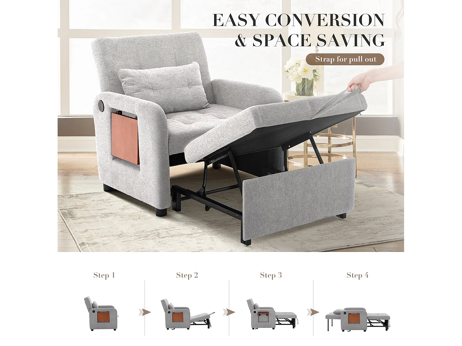 Divano letto pieghevole grigio chiaro – tessuto multifunzionale, convertibile da seduta a letto, USB, tavolino pieghevole, cuscino, schienale regolabile