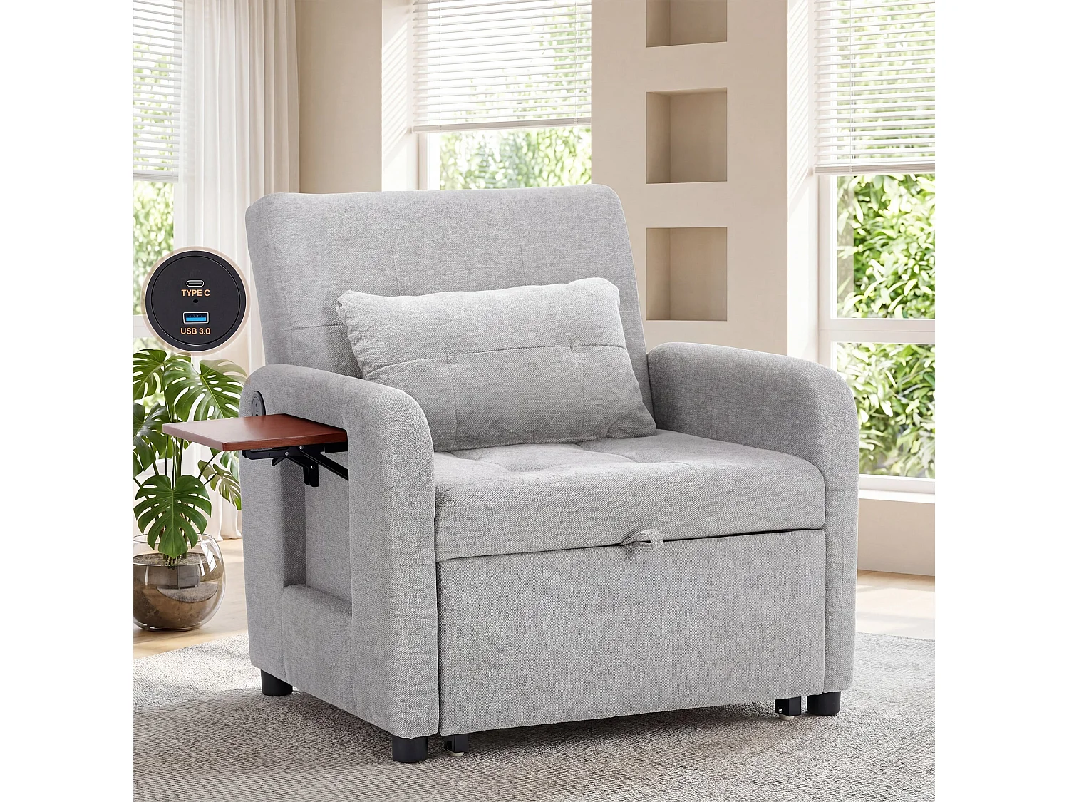 Divano letto pieghevole grigio chiaro – tessuto multifunzionale, convertibile da seduta a letto, USB, tavolino pieghevole, cuscino, schienale regolabile