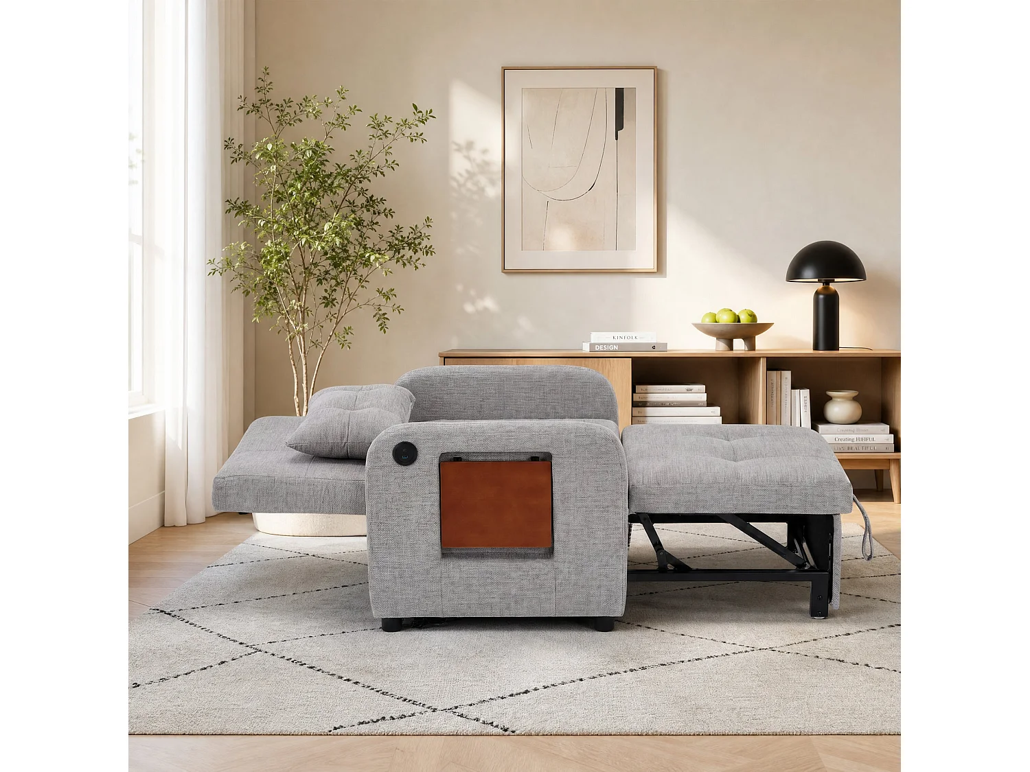 Divano letto pieghevole grigio chiaro – tessuto multifunzionale, convertibile da seduta a letto, USB, tavolino pieghevole, cuscino, schienale regolabile