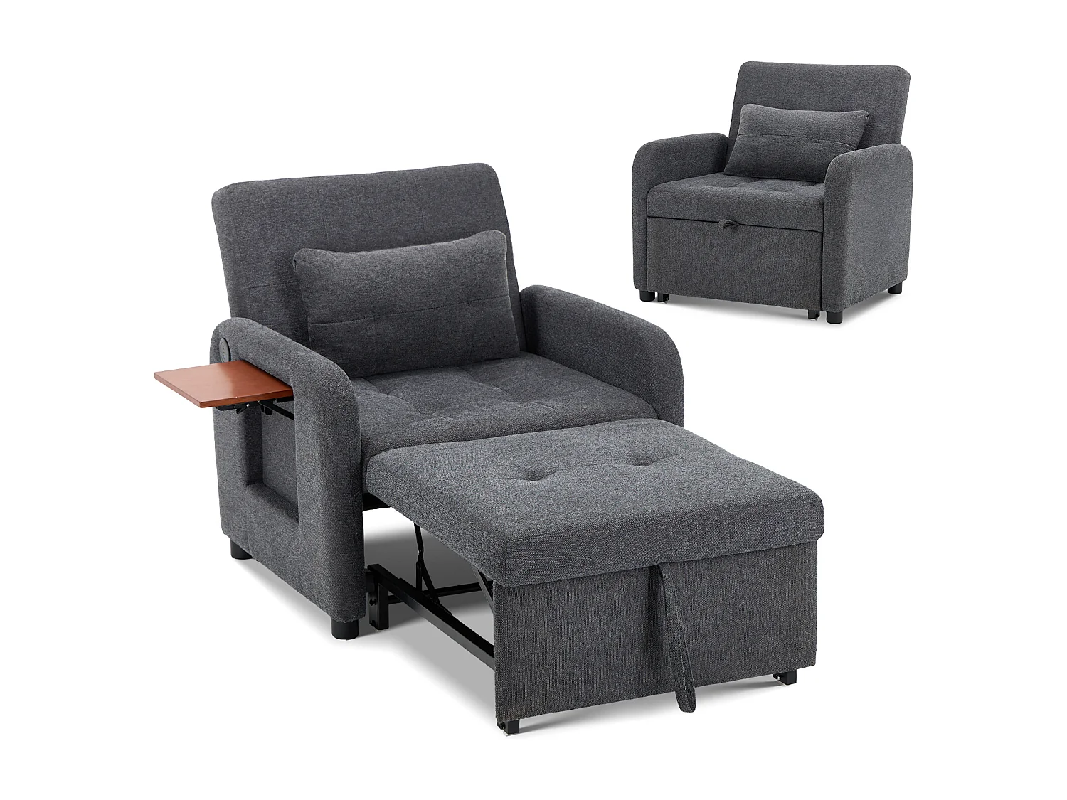 Canapé-lit pliable gris foncé – tissu multifonction, convertible assise/allongée, USB, table pliante, coussin, dossier réglable