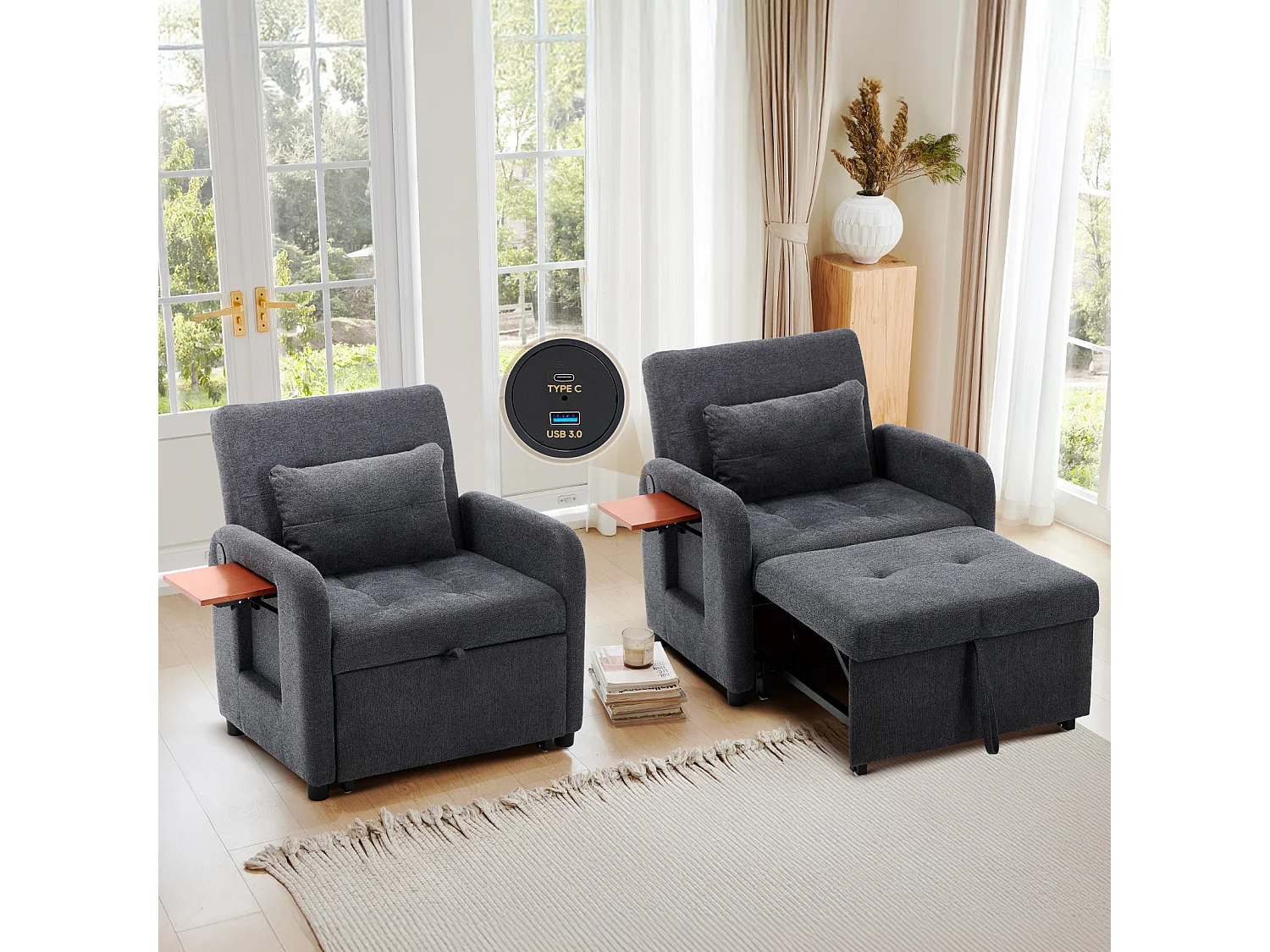 Canapé-lit pliable gris foncé – tissu multifonction, convertible assise/allongée, USB, table pliante, coussin, dossier réglable