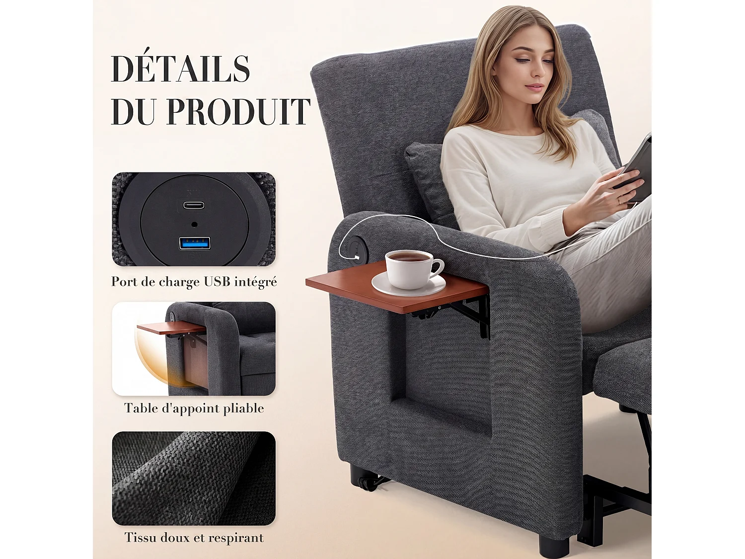 Canapé-lit pliable gris foncé – tissu multifonction, convertible assise/allongée, USB, table pliante, coussin, dossier réglable