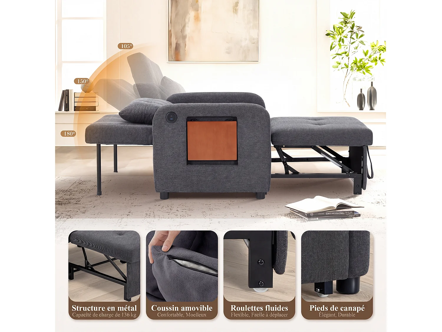 Canapé-lit pliable gris foncé – tissu multifonction, convertible assise/allongée, USB, table pliante, coussin, dossier réglable