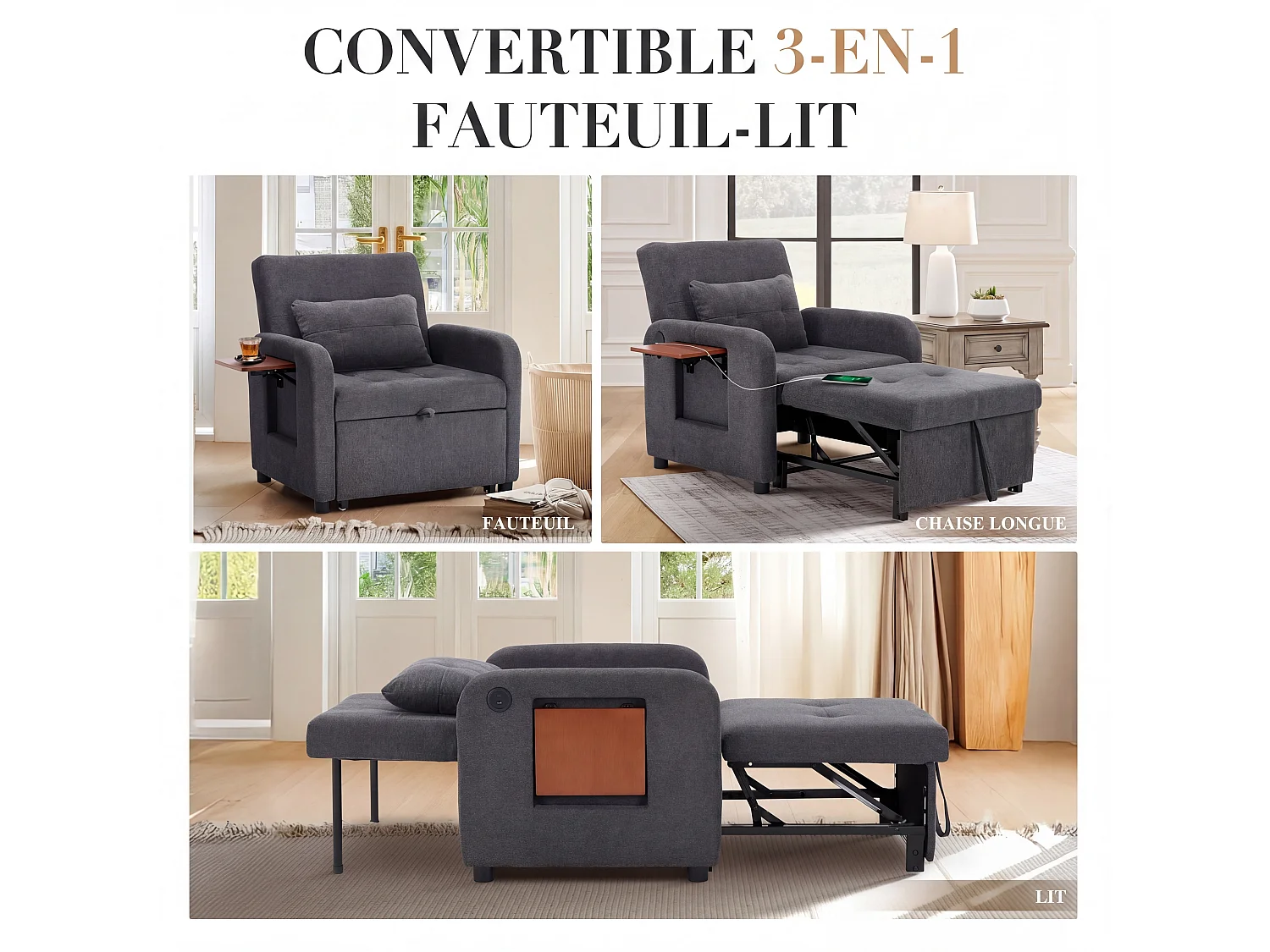 Canapé-lit pliable gris foncé – tissu multifonction, convertible assise/allongée, USB, table pliante, coussin, dossier réglable