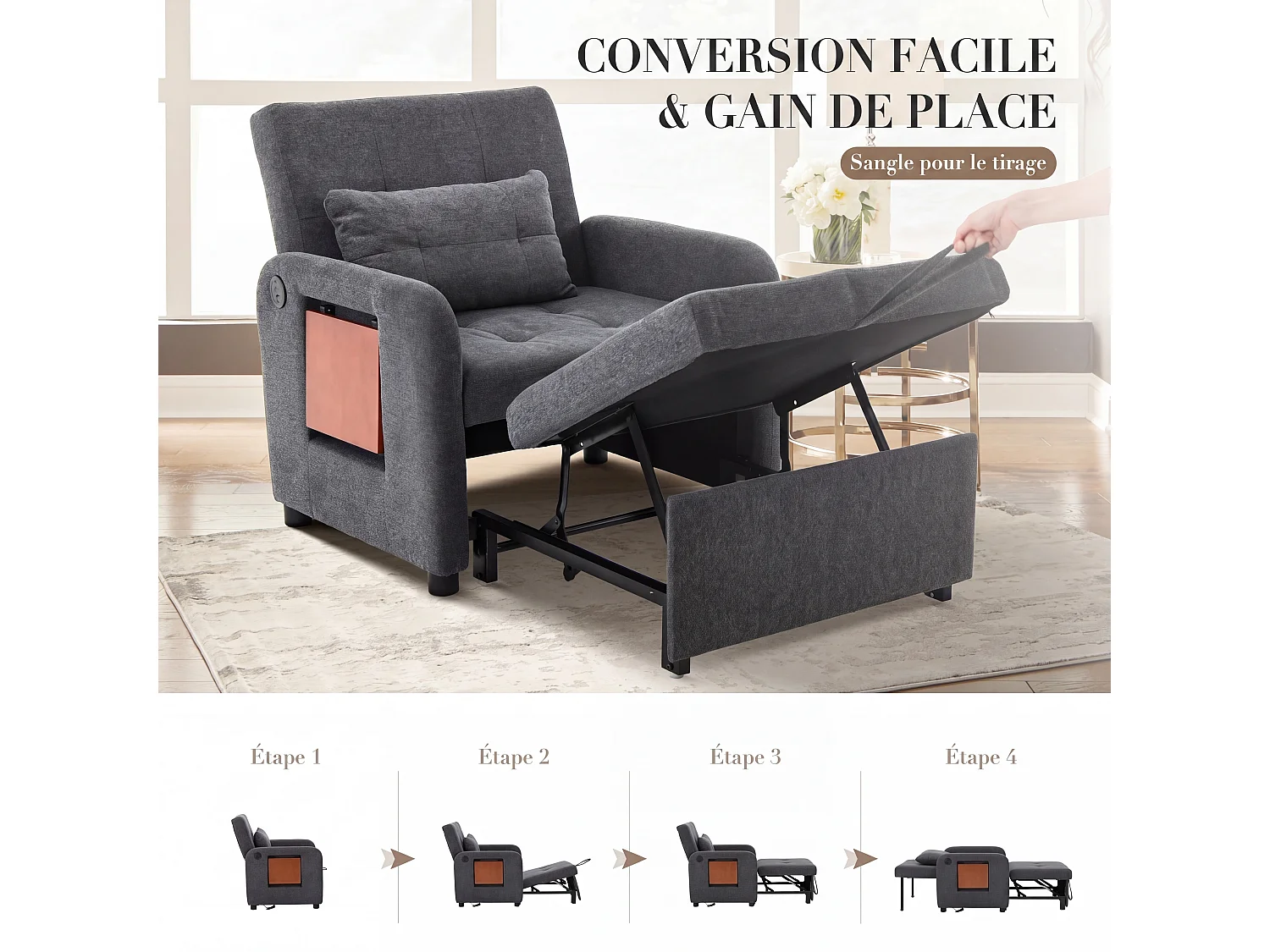 Canapé-lit pliable gris foncé – tissu multifonction, convertible assise/allongée, USB, table pliante, coussin, dossier réglable