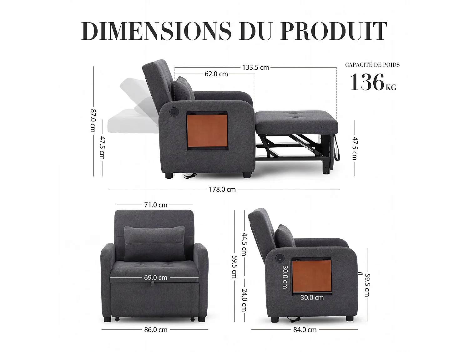 Canapé-lit pliable gris foncé – tissu multifonction, convertible assise/allongée, USB, table pliante, coussin, dossier réglable