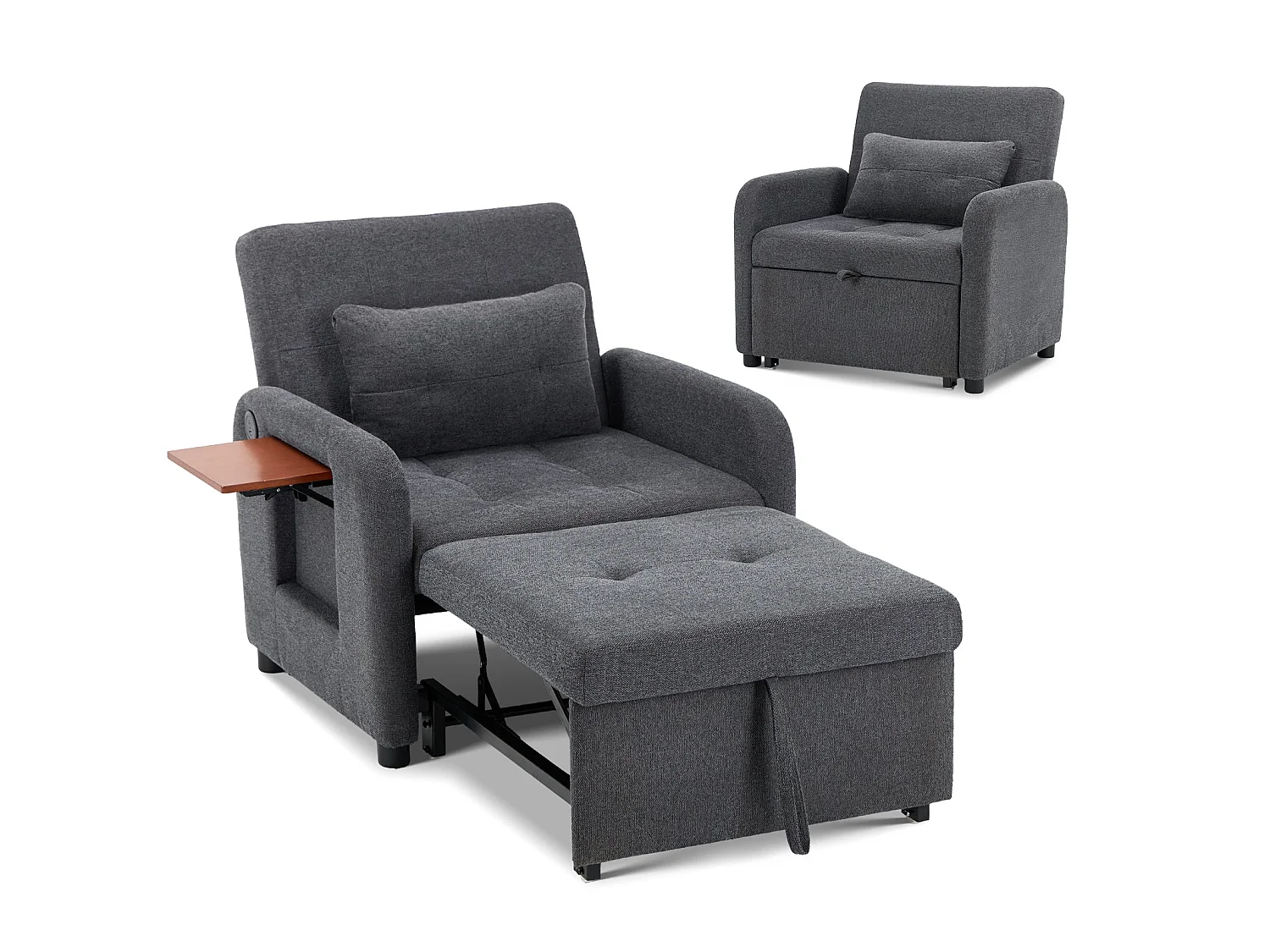 Divano letto pieghevole grigio scuro – tessuto multifunzionale, posizione seduta/relax convertibile, porta USB, tavolino pieghevole, cuscino, schienale regolabile