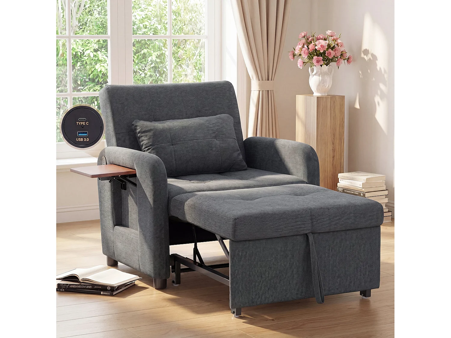 Divano letto pieghevole grigio scuro – tessuto multifunzionale, posizione seduta/relax convertibile, porta USB, tavolino pieghevole, cuscino, schienale regolabile