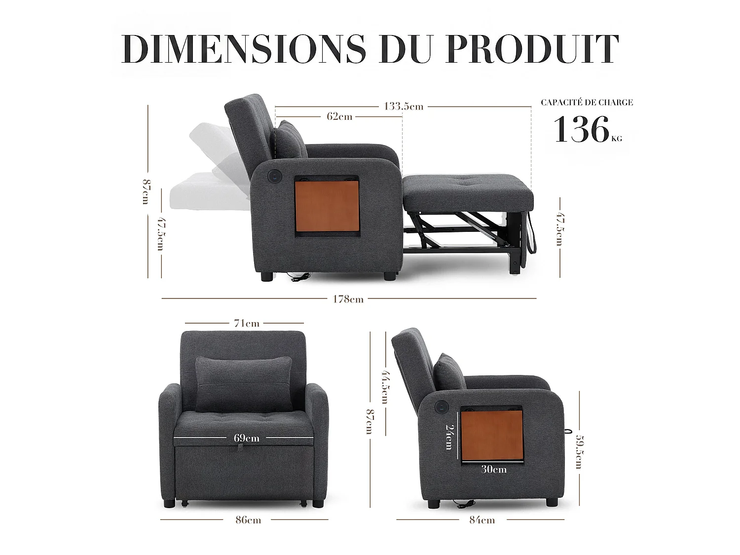 Divano letto pieghevole grigio scuro – tessuto multifunzionale, posizione seduta/relax convertibile, porta USB, tavolino pieghevole, cuscino, schienale regolabile