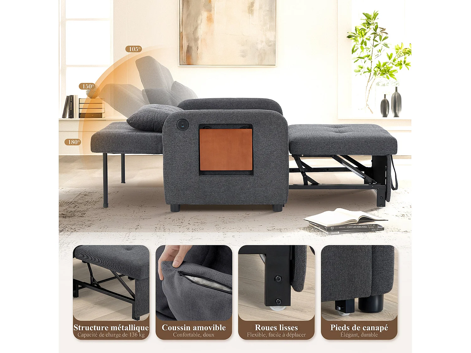 Divano letto pieghevole grigio scuro – tessuto multifunzionale, posizione seduta/relax convertibile, porta USB, tavolino pieghevole, cuscino, schienale regolabile
