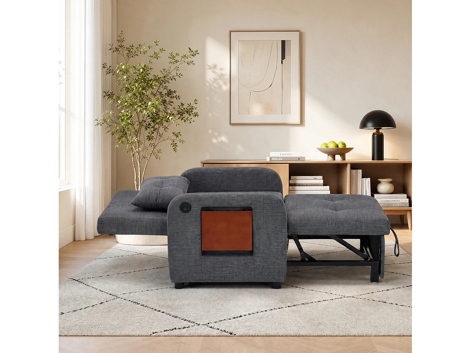 Divano letto pieghevole grigio scuro – tessuto multifunzionale, posizione seduta/relax convertibile, porta USB, tavolino pieghevole, cuscino, schienale regolabile