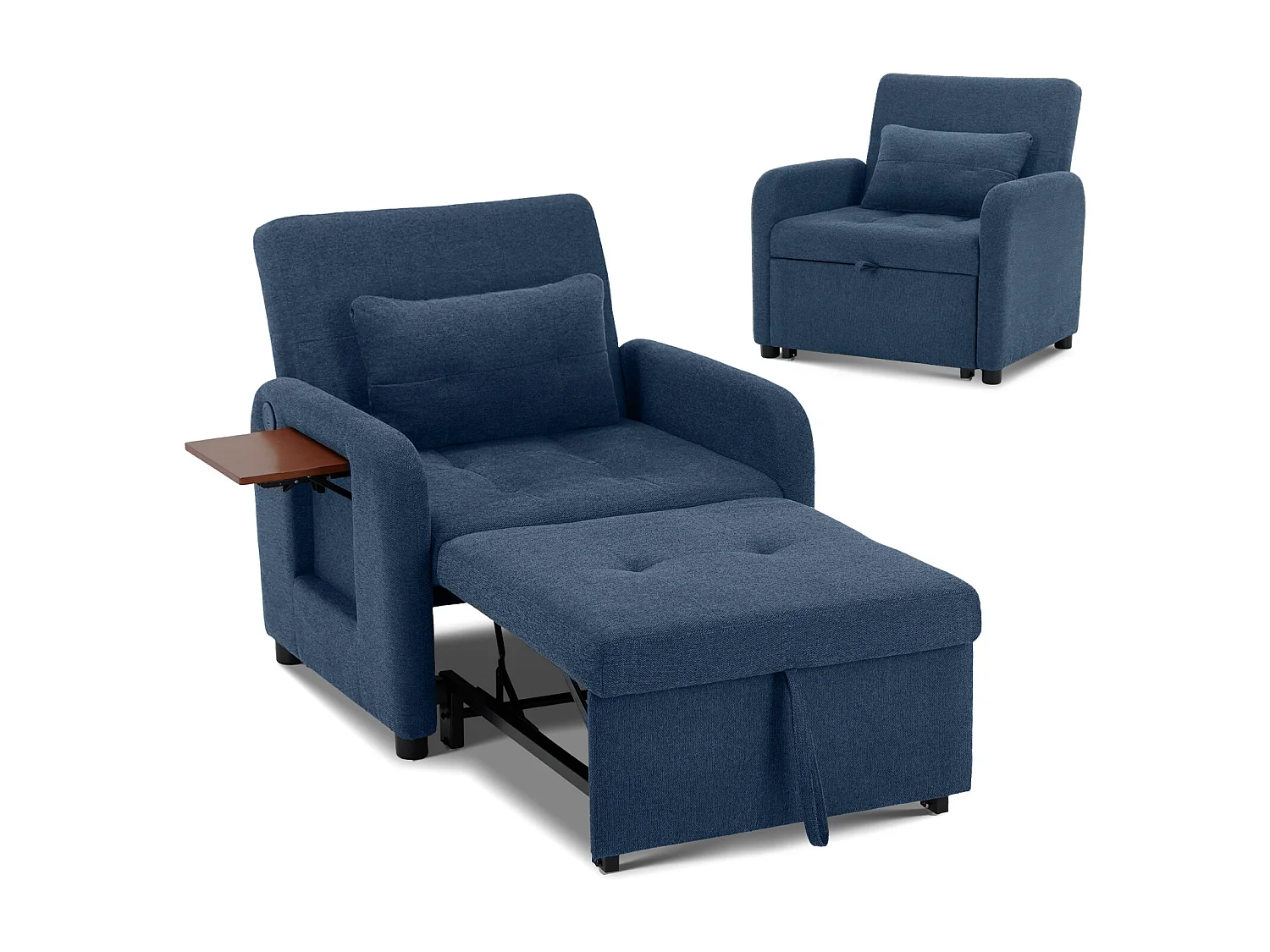 Canapé-lit pliable bleu– tissu multifonction, convertible assise/allongée, USB, table pliante, coussin, dossier réglable