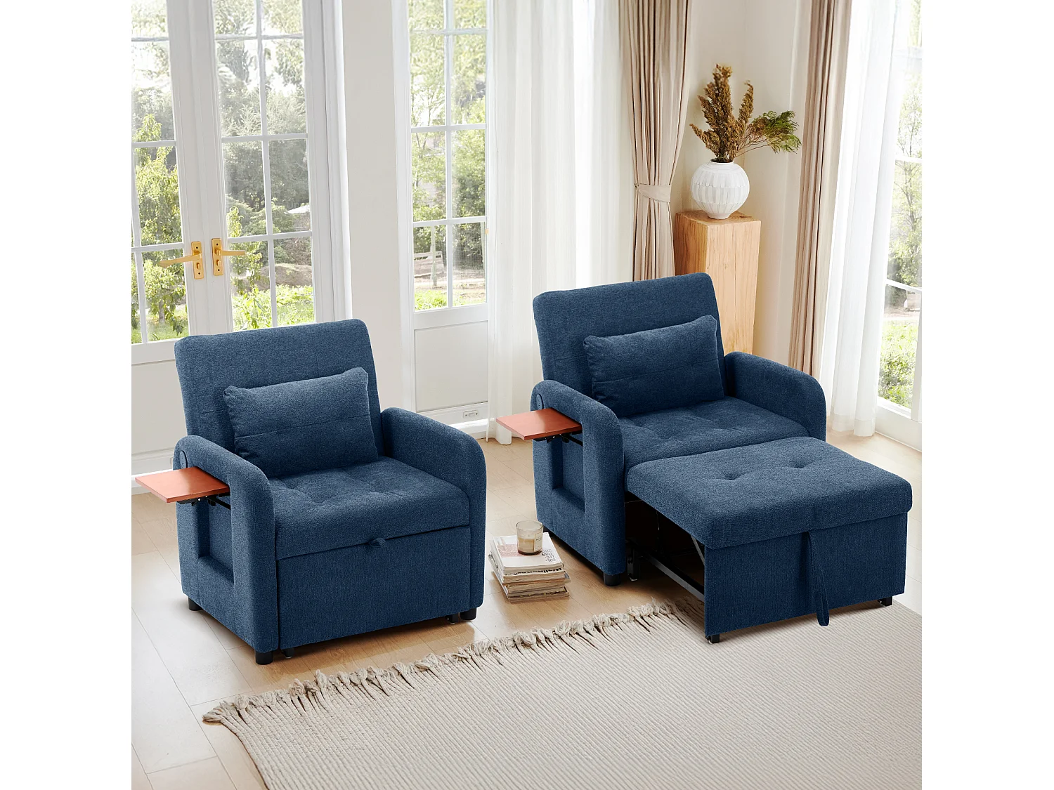Canapé-lit pliable bleu– tissu multifonction, convertible assise/allongée, USB, table pliante, coussin, dossier réglable