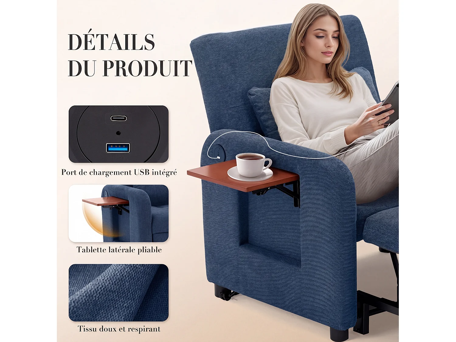 Canapé-lit pliable bleu– tissu multifonction, convertible assise/allongée, USB, table pliante, coussin, dossier réglable