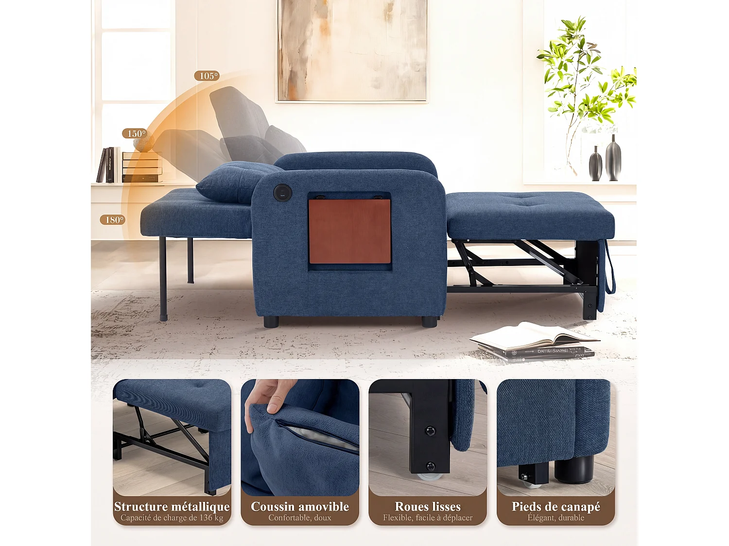 Canapé-lit pliable bleu– tissu multifonction, convertible assise/allongée, USB, table pliante, coussin, dossier réglable