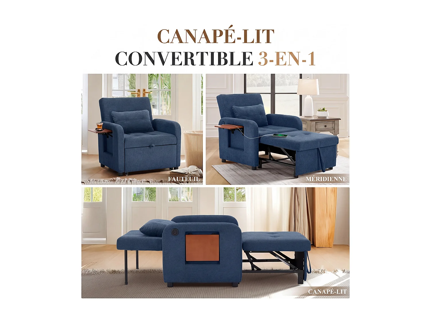 Canapé-lit pliable bleu– tissu multifonction, convertible assise/allongée, USB, table pliante, coussin, dossier réglable
