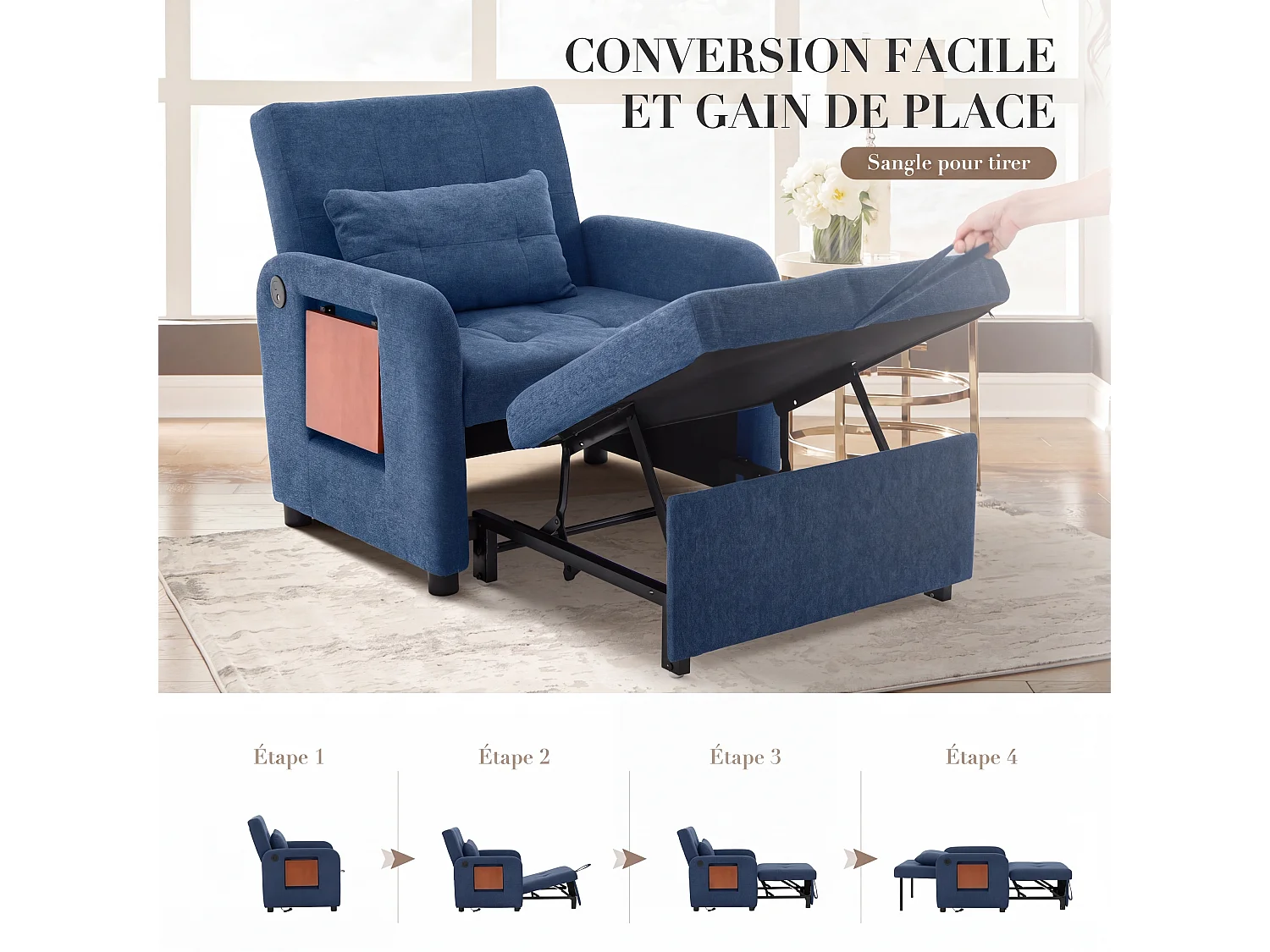 Canapé-lit pliable bleu– tissu multifonction, convertible assise/allongée, USB, table pliante, coussin, dossier réglable