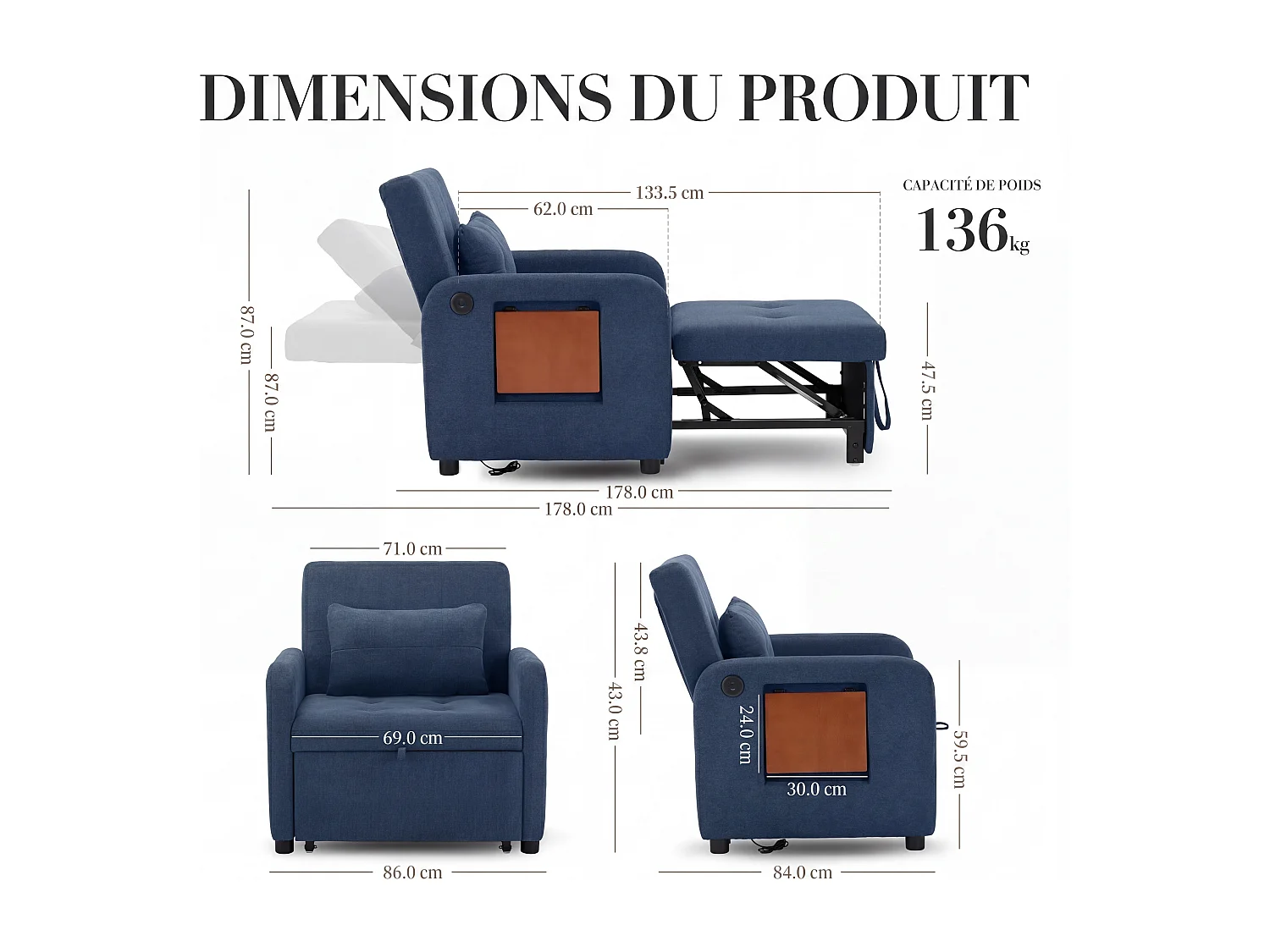 Canapé-lit pliable bleu– tissu multifonction, convertible assise/allongée, USB, table pliante, coussin, dossier réglable