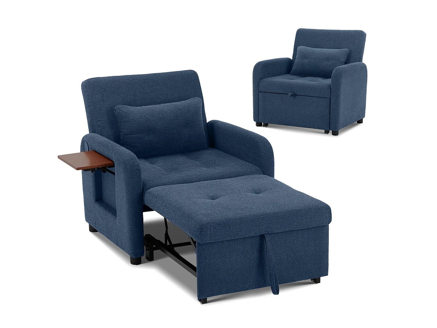 Divano letto pieghevole blu – tessuto multifunzionale, posizione seduta/relax convertibile, porta USB, tavolino pieghevole, cuscino, schienale regolabile