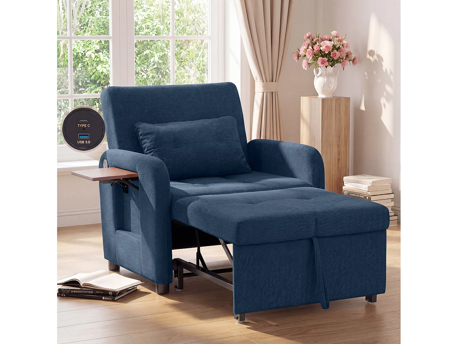 Divano letto pieghevole blu – tessuto multifunzionale, posizione seduta/relax convertibile, porta USB, tavolino pieghevole, cuscino, schienale regolabile