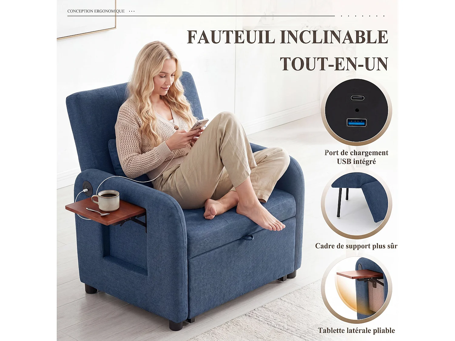 Divano letto pieghevole blu – tessuto multifunzionale, posizione seduta/relax convertibile, porta USB, tavolino pieghevole, cuscino, schienale regolabile