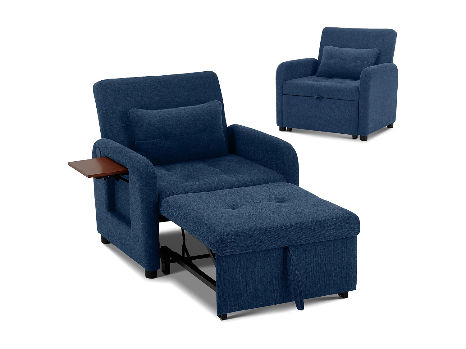 Canapé-lit pliable bleu foncé – tissu multifonction, convertible assise/allongée, USB, table pliante, coussin, dossier réglable