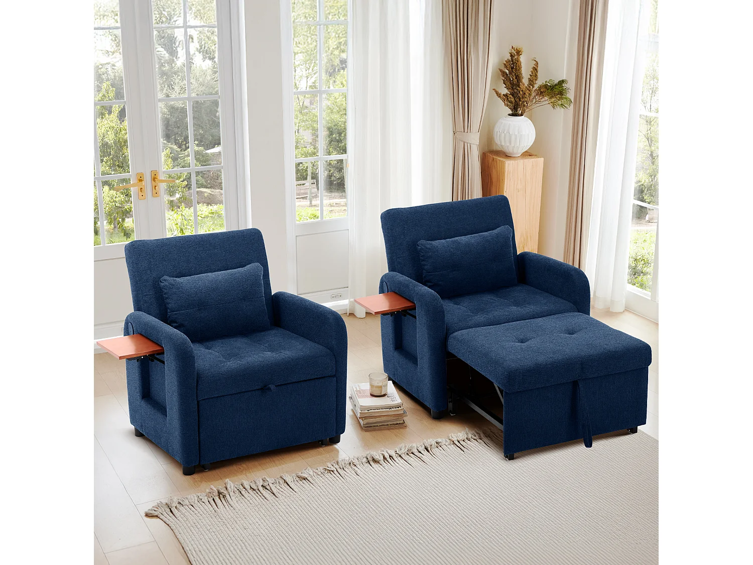 Canapé-lit pliable bleu foncé – tissu multifonction, convertible assise/allongée, USB, table pliante, coussin, dossier réglable