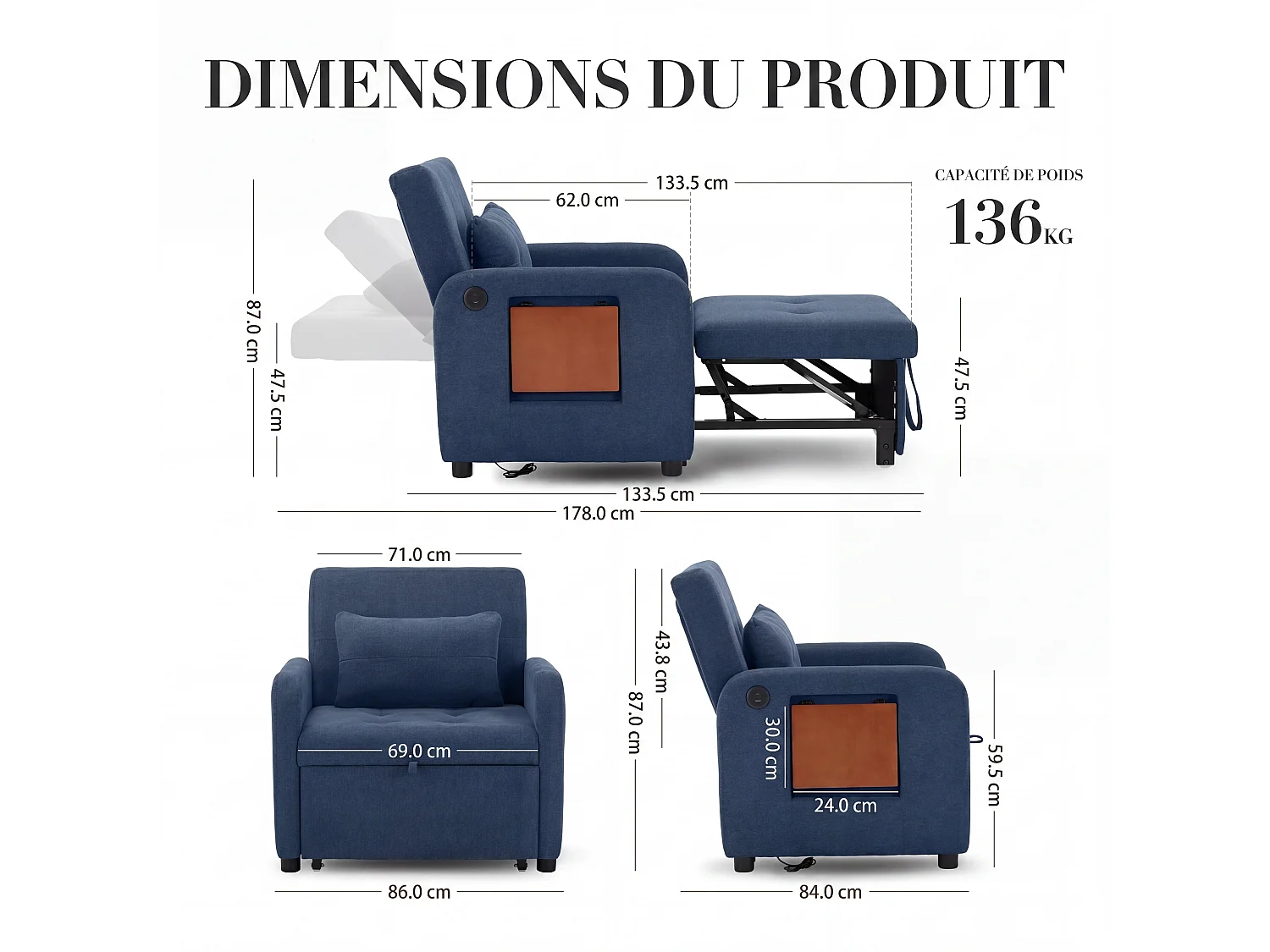 Canapé-lit pliable bleu foncé – tissu multifonction, convertible assise/allongée, USB, table pliante, coussin, dossier réglable