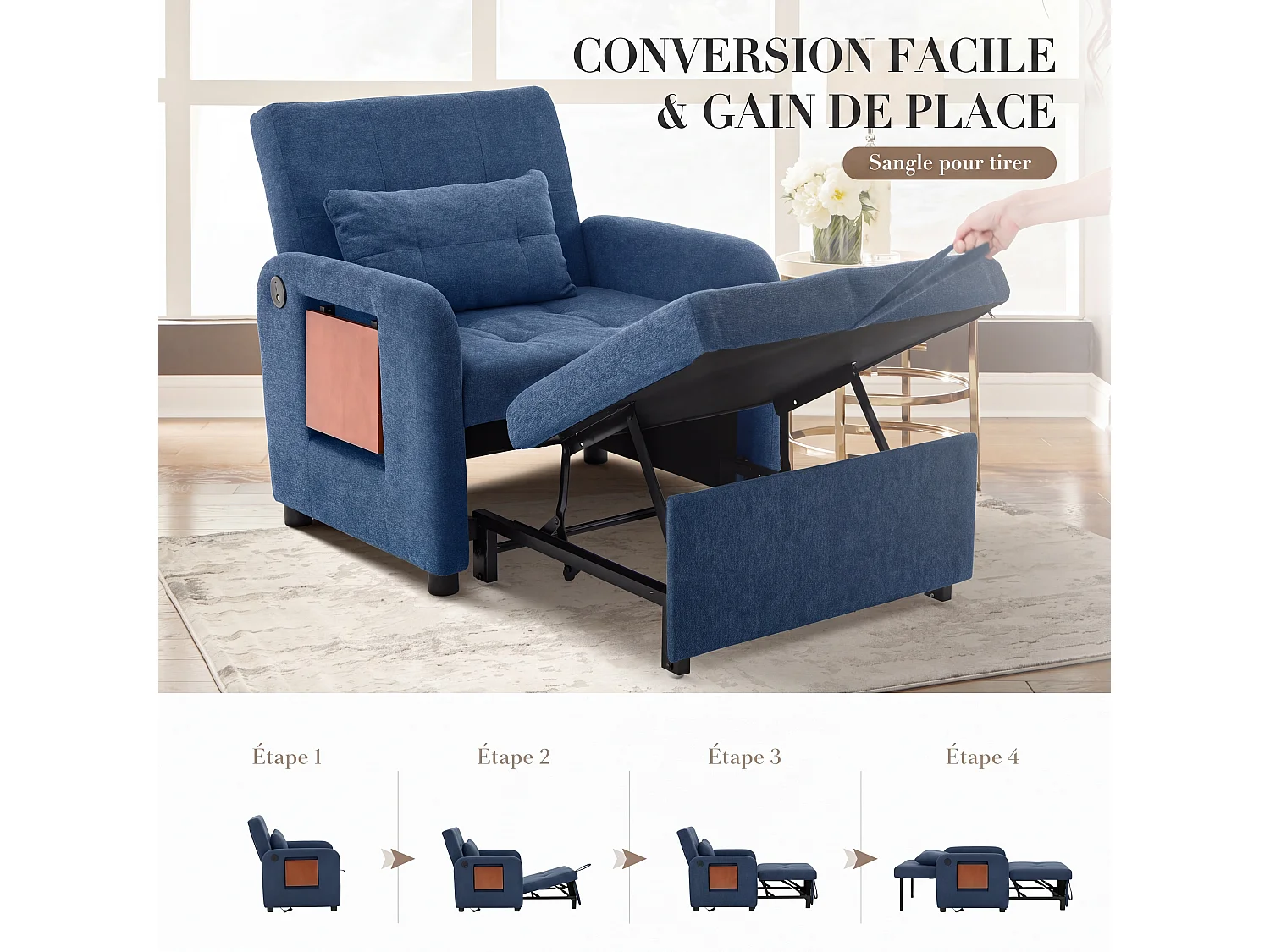 Canapé-lit pliable bleu foncé – tissu multifonction, convertible assise/allongée, USB, table pliante, coussin, dossier réglable