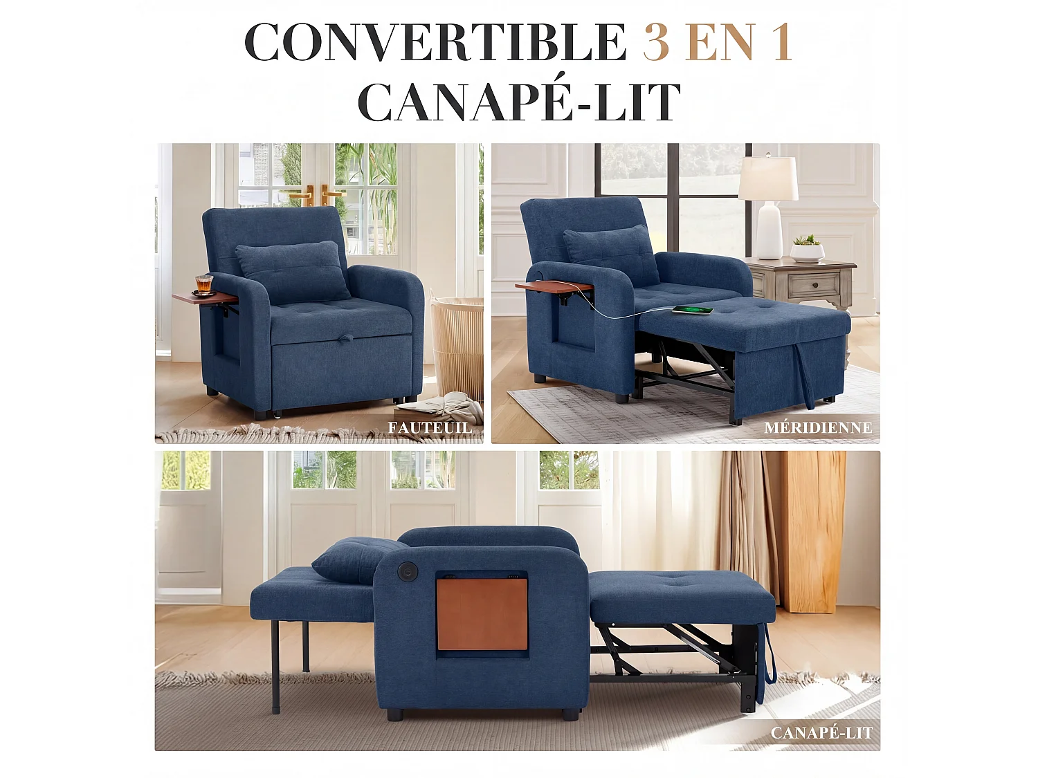 Canapé-lit pliable bleu foncé – tissu multifonction, convertible assise/allongée, USB, table pliante, coussin, dossier réglable