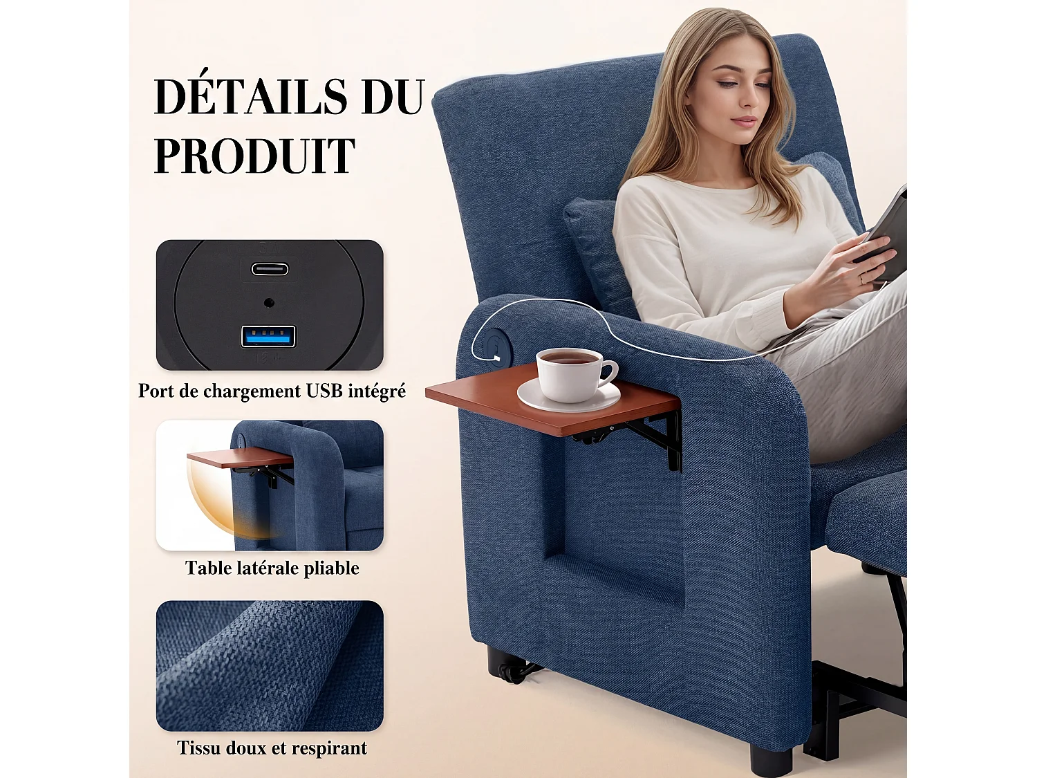 Canapé-lit pliable bleu foncé – tissu multifonction, convertible assise/allongée, USB, table pliante, coussin, dossier réglable
