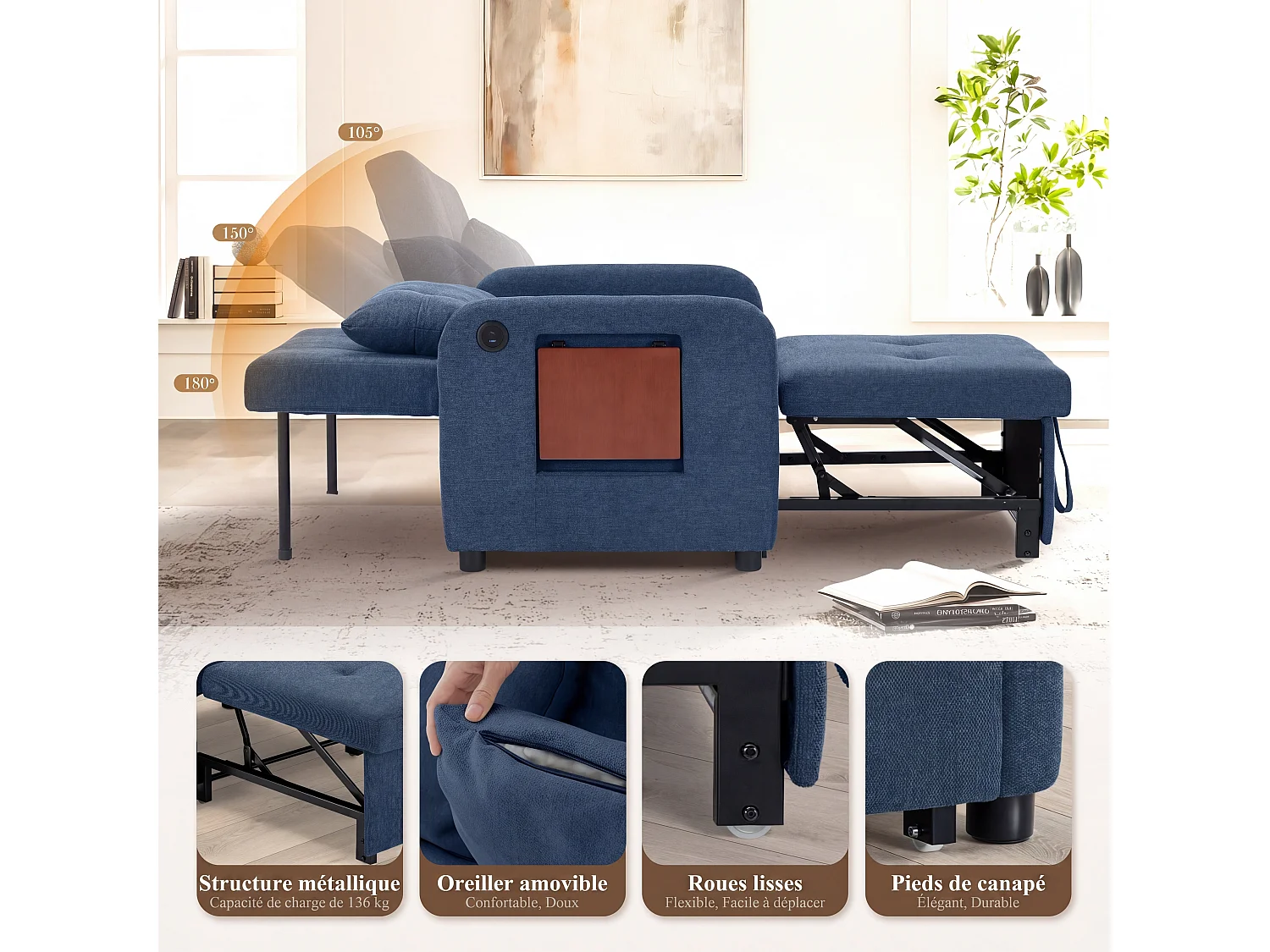 Canapé-lit pliable bleu foncé – tissu multifonction, convertible assise/allongée, USB, table pliante, coussin, dossier réglable