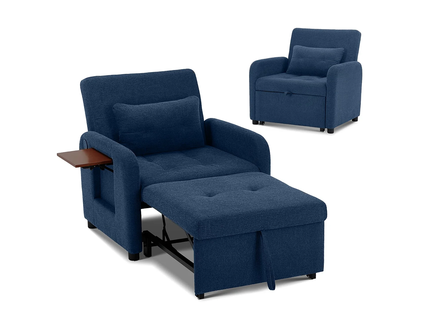 Divano letto pieghevole blu scuro – tessuto multifunzionale, posizione seduta/relax convertibile, porta USB, tavolino pieghevole, cuscino, schienale regolabile