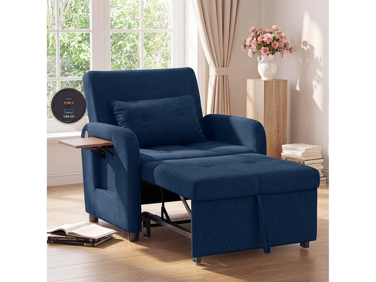 Divano letto pieghevole blu scuro – tessuto multifunzionale, posizione seduta/relax convertibile, porta USB, tavolino pieghevole, cuscino, schienale regolabile