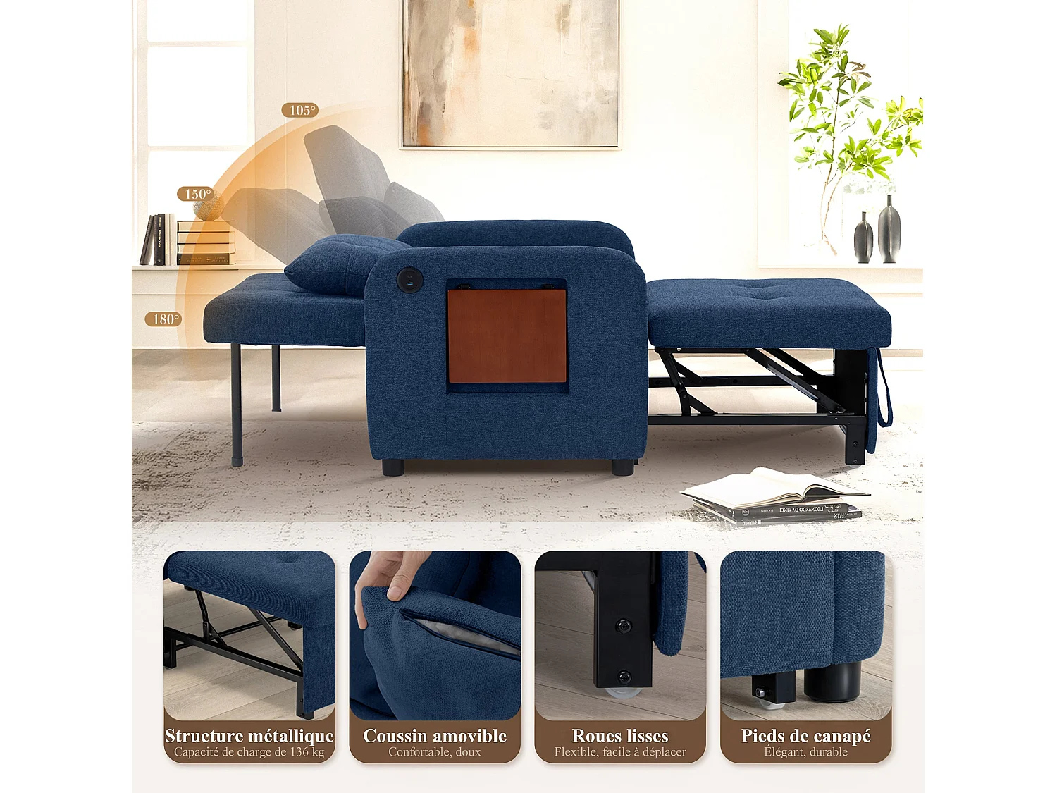 Divano letto pieghevole blu scuro – tessuto multifunzionale, posizione seduta/relax convertibile, porta USB, tavolino pieghevole, cuscino, schienale regolabile