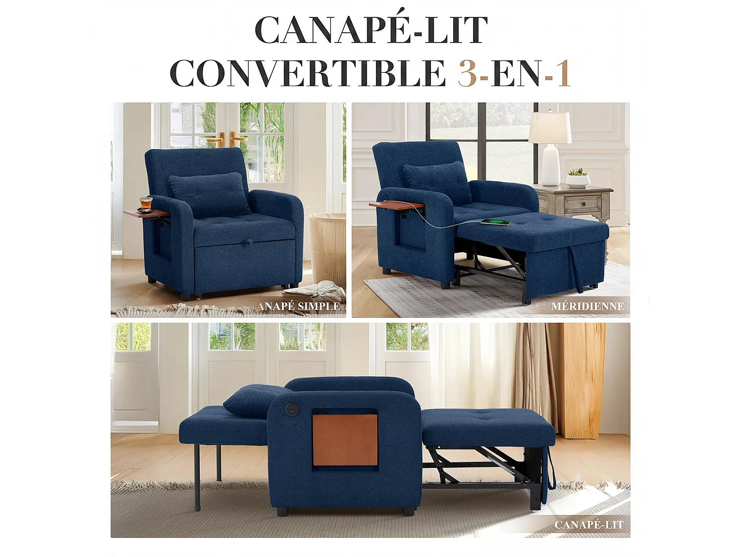 Divano letto pieghevole blu scuro – tessuto multifunzionale, posizione seduta/relax convertibile, porta USB, tavolino pieghevole, cuscino, schienale regolabile