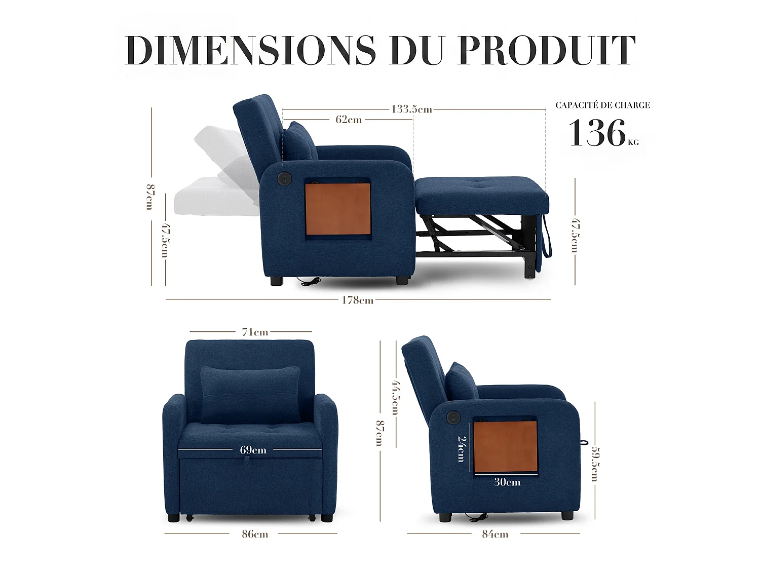 Divano letto pieghevole blu scuro – tessuto multifunzionale, posizione seduta/relax convertibile, porta USB, tavolino pieghevole, cuscino, schienale regolabile