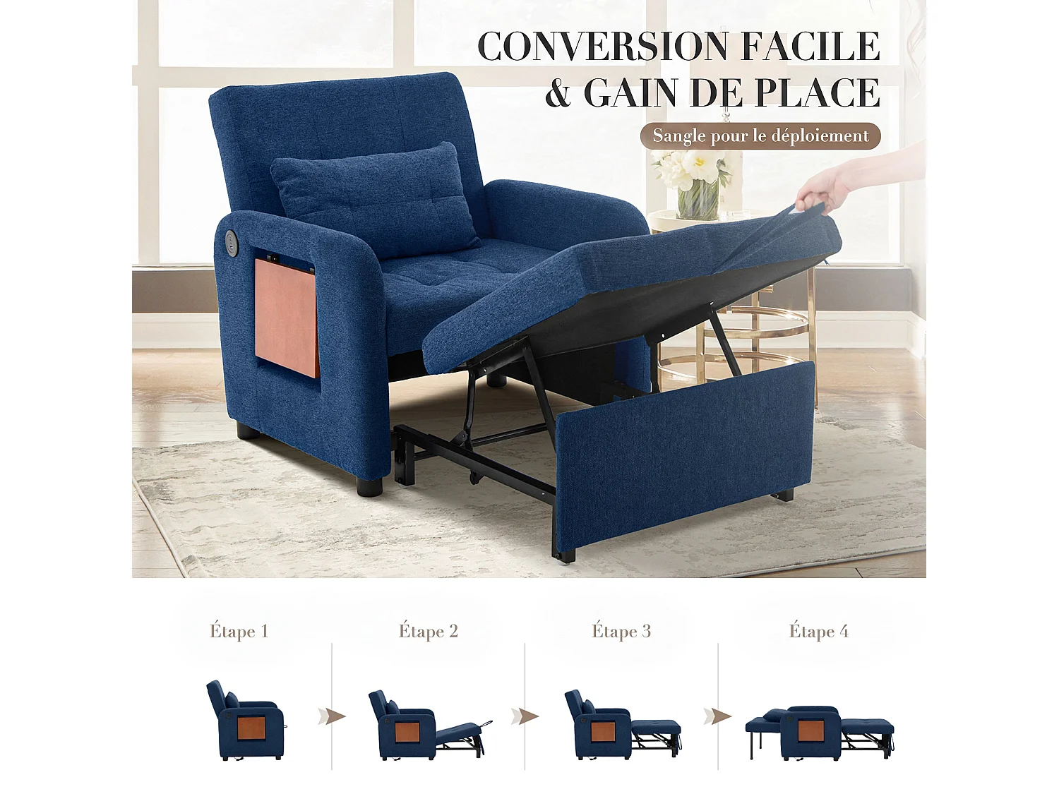 Divano letto pieghevole blu scuro – tessuto multifunzionale, posizione seduta/relax convertibile, porta USB, tavolino pieghevole, cuscino, schienale regolabile