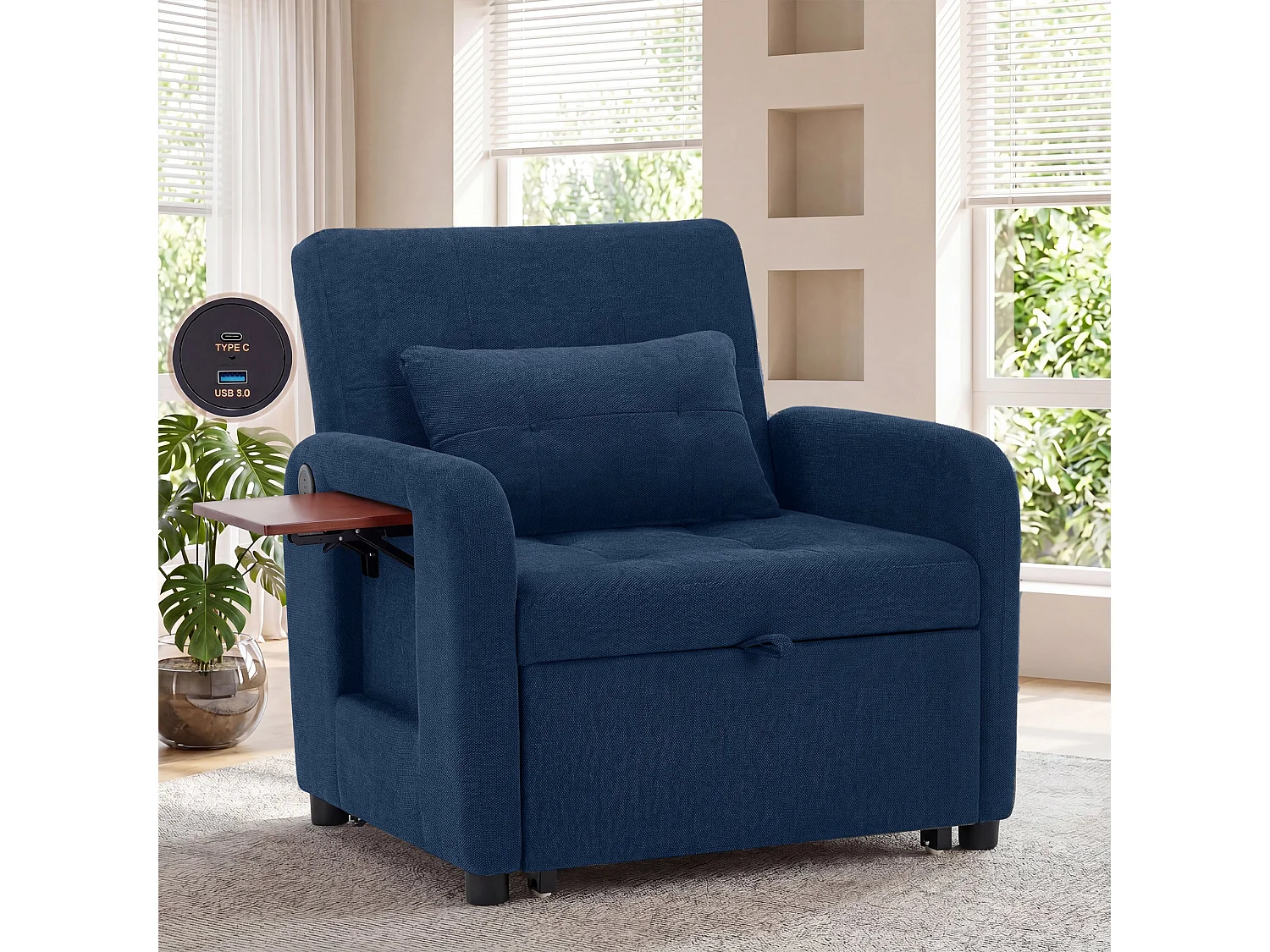 Divano letto pieghevole blu scuro – tessuto multifunzionale, posizione seduta/relax convertibile, porta USB, tavolino pieghevole, cuscino, schienale regolabile